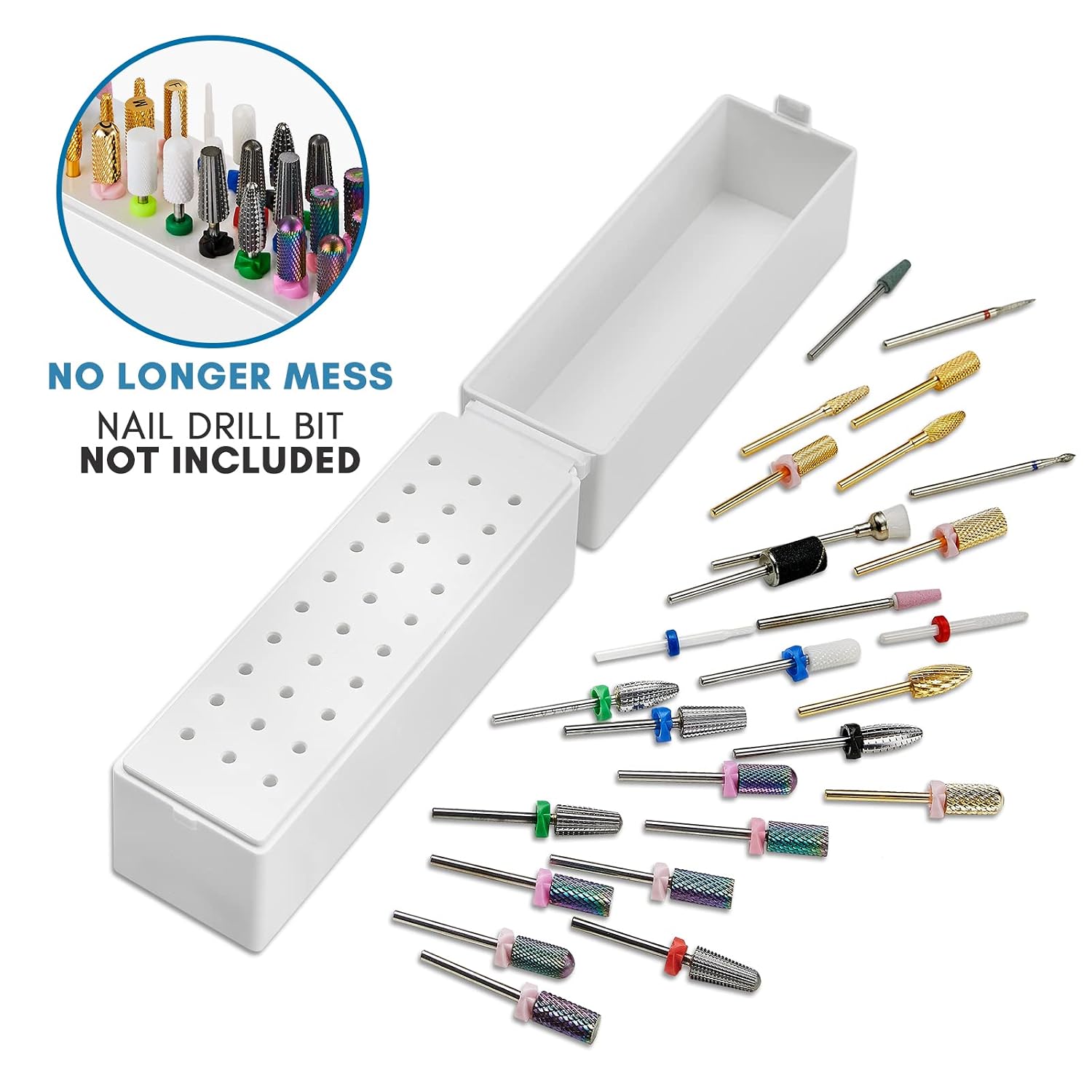White acrylic 30-hole nail drill bit organizer with dustproof clear cover - 2