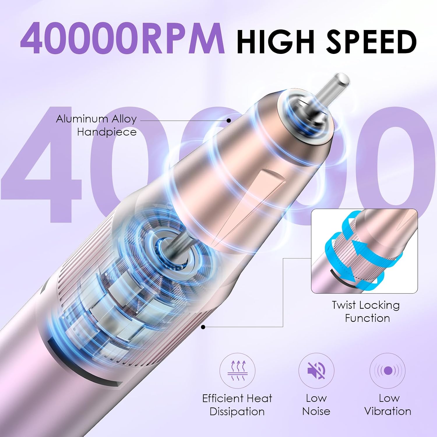 Purple cordless electric nail drill handpiece with LCD screen and bits - 3