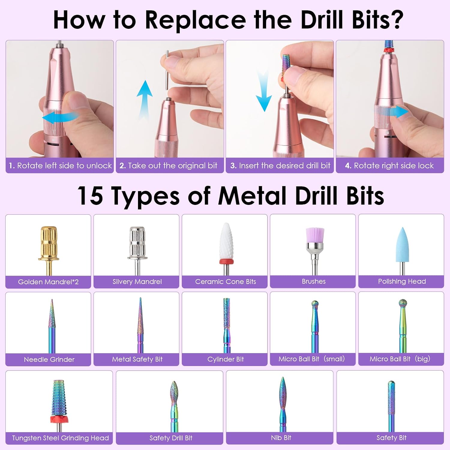 Purple cordless electric nail drill handpiece with LCD screen and bits - 4
