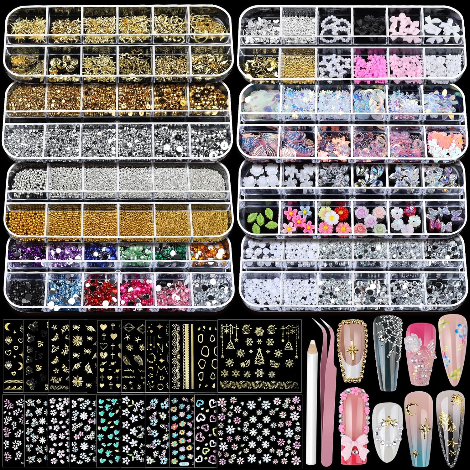 Nail Charms and Gems Kit: 8-Box Set for DIY Nail Art