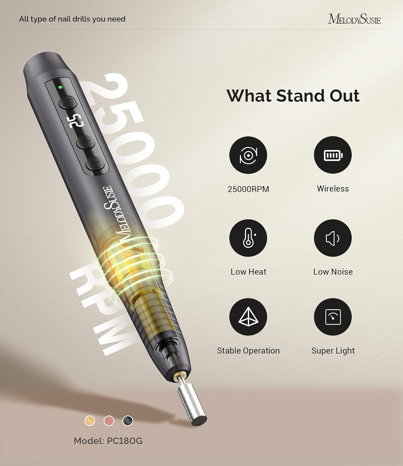 MelodySusie pen-shaped cordless nail drill PC180G with LED display and 3/32 bits - 3